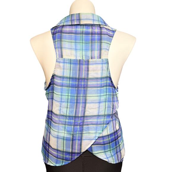 Aeropostale Womens Sheer Button Down Blouse Tank Top Split Back Blue Plaid XL - Picture 3 of 8